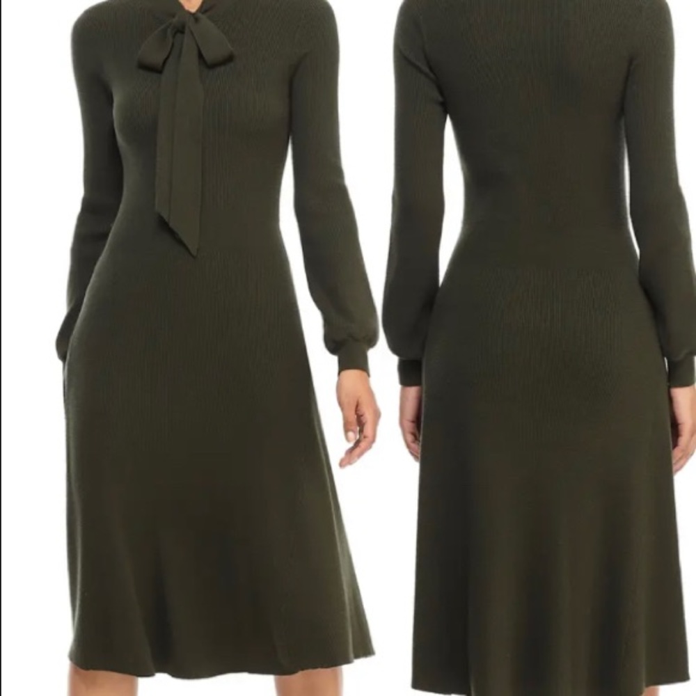 Gal Meets Glam Small Brianna Tie Neck Olive Green Long  Slv Sweater Dress